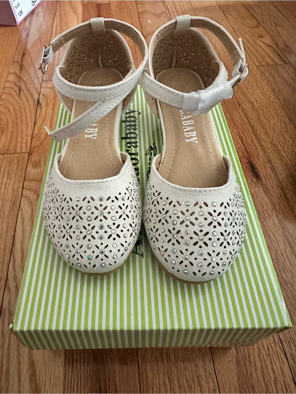 Girls Cream Ankle-Strap Dress Shoes with Laser-Cut Detail